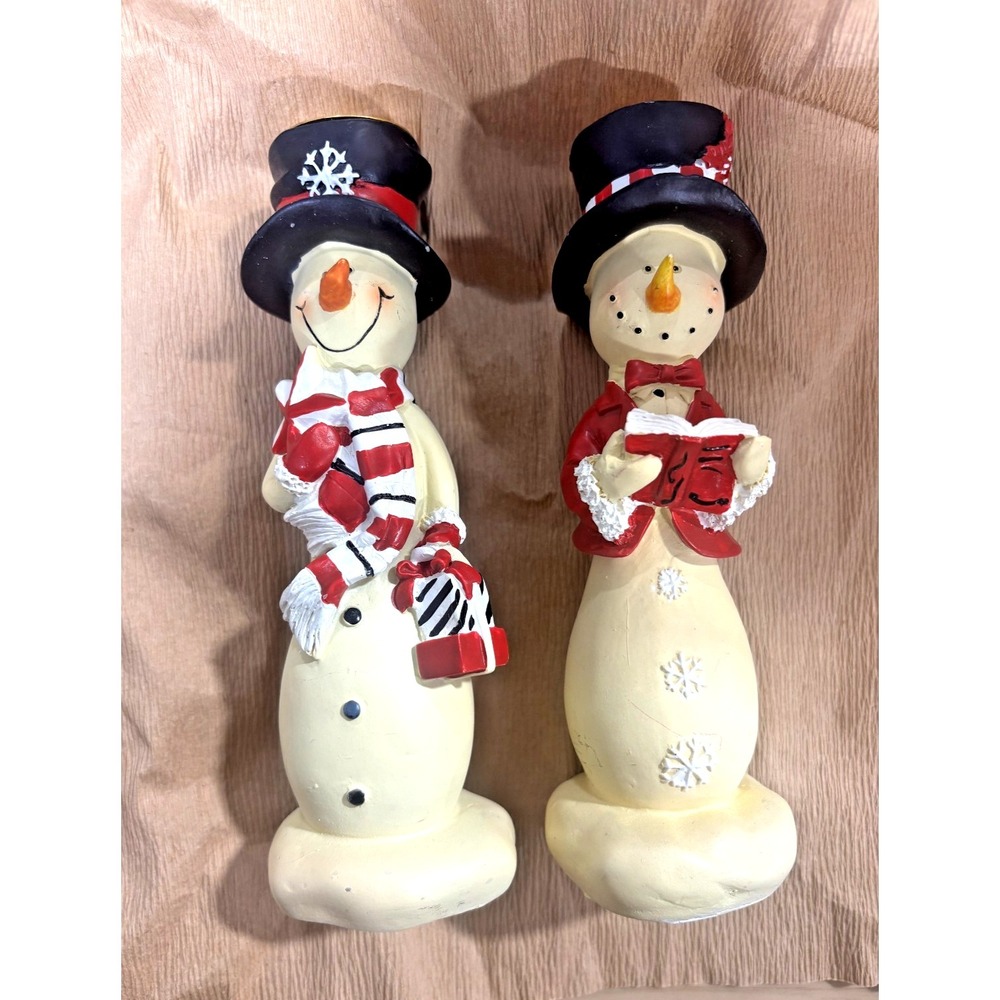 Vintage Snowman Candle Holders 6" Tall Set Christmas Caroler Scarf Top Hat Decor